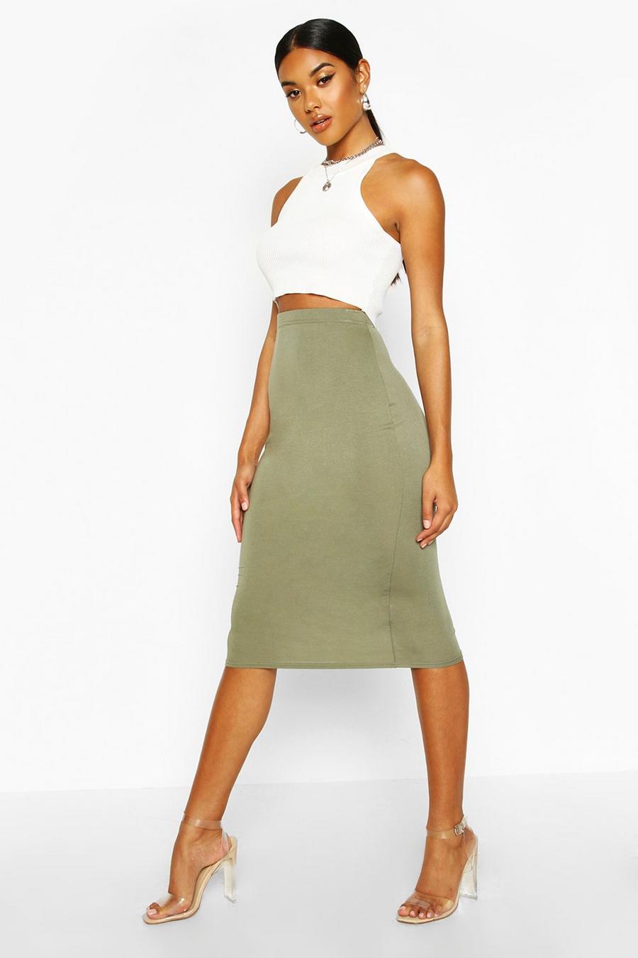 Khaki Basics High Waisted Jersey Midi Skirt
