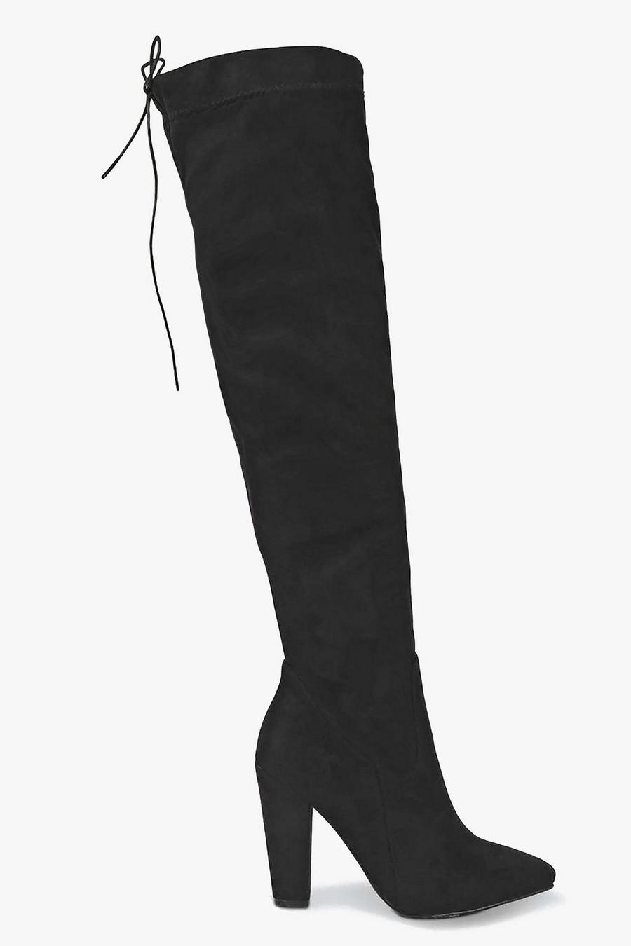 Zwart noir Kniehoge puntige laarzen met blokhak image number 1