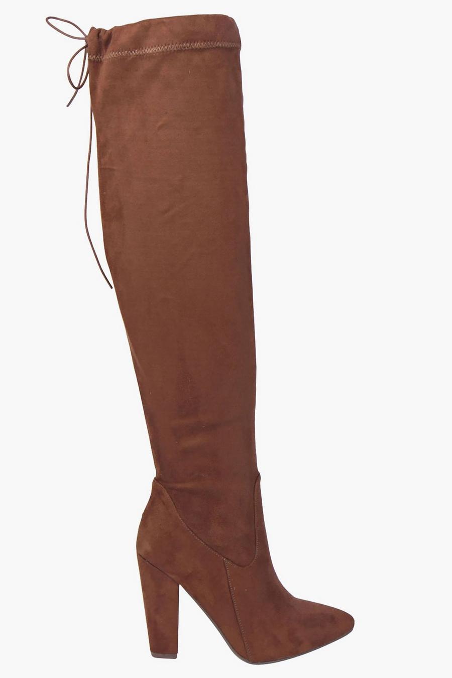 Tan brown Thigh High Pointed Block Heel Boots image number 1