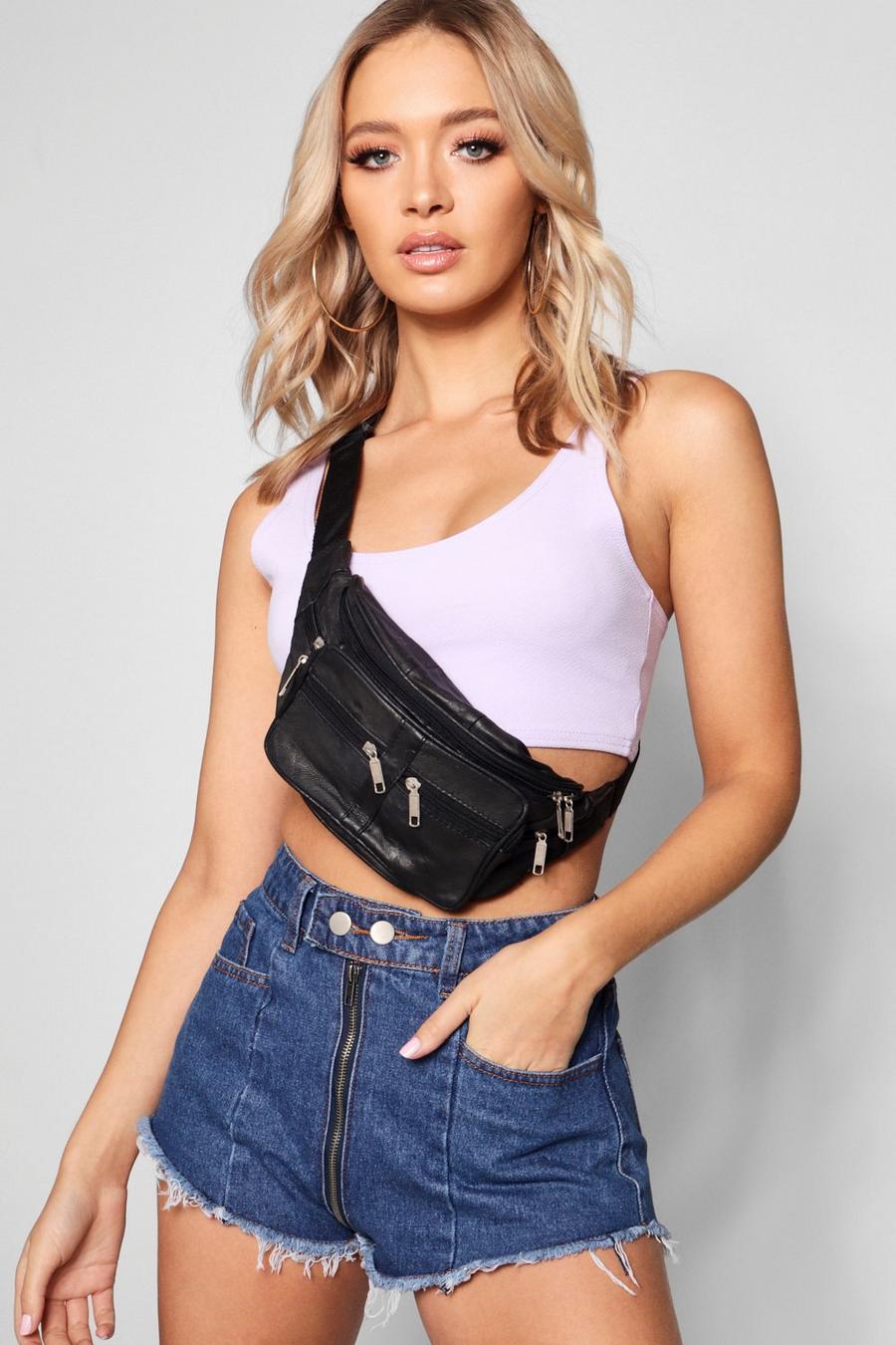 Basic Double Pocket Real Leather Fanny Pack | boohoo
