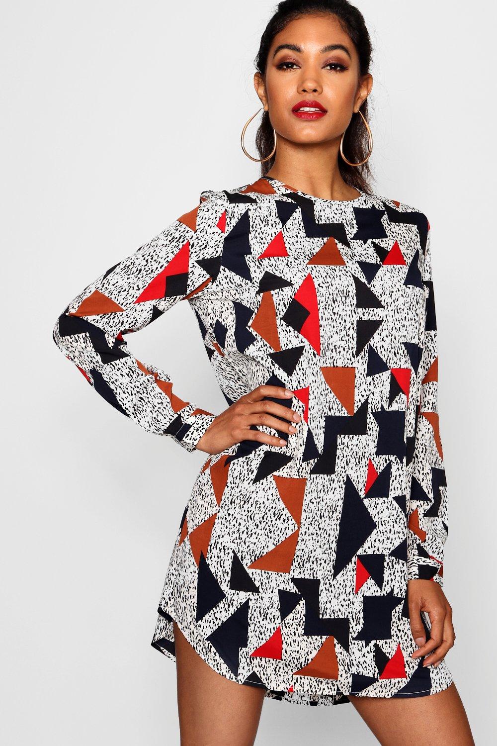 boohoo geo print shirt dress