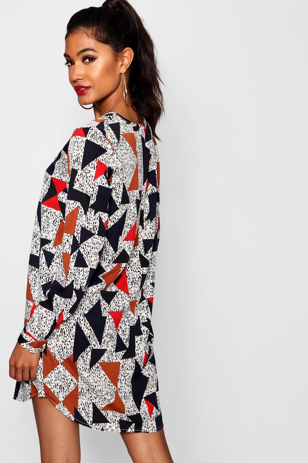 boohoo geo print shirt dress