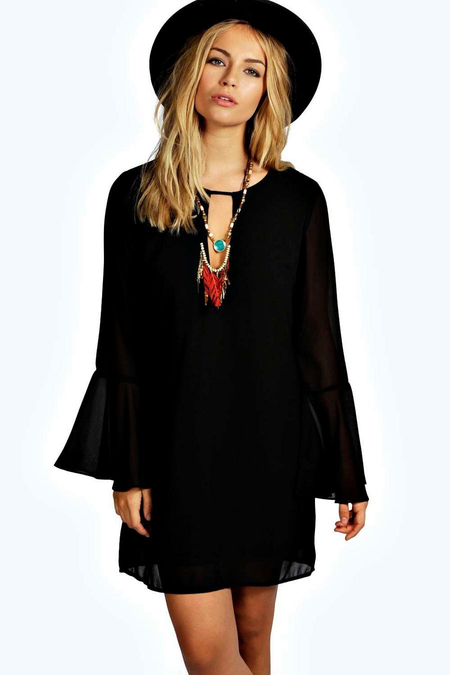 vestido de corte recto tejido con manga de campana estilo años 70 jolie, Negro image number 1