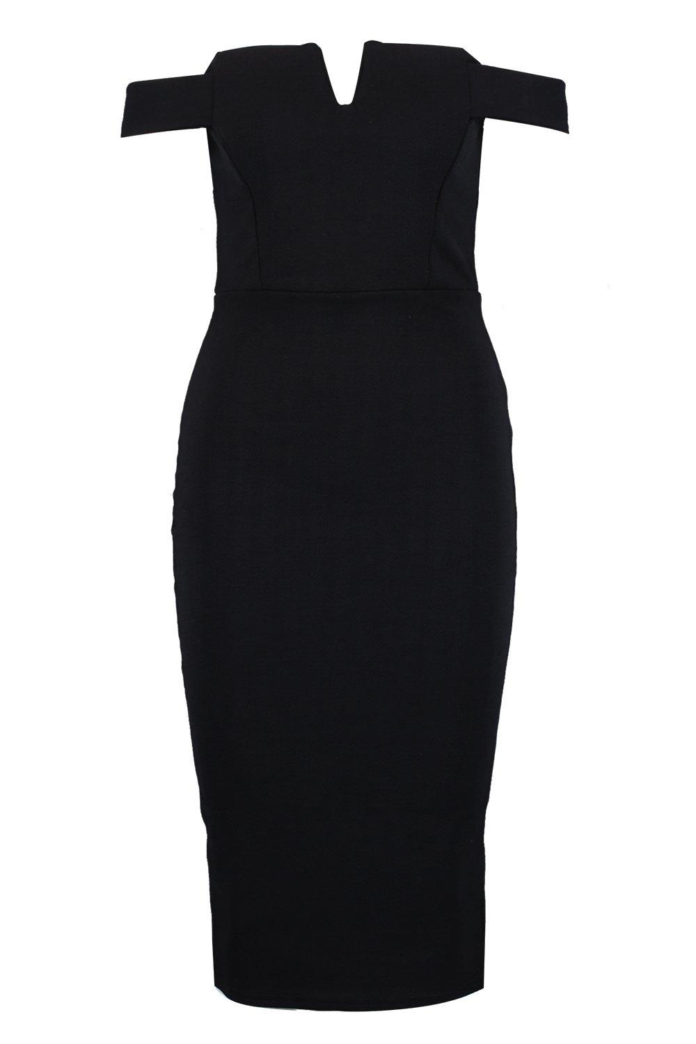 V front bardot midi hotsell dress black