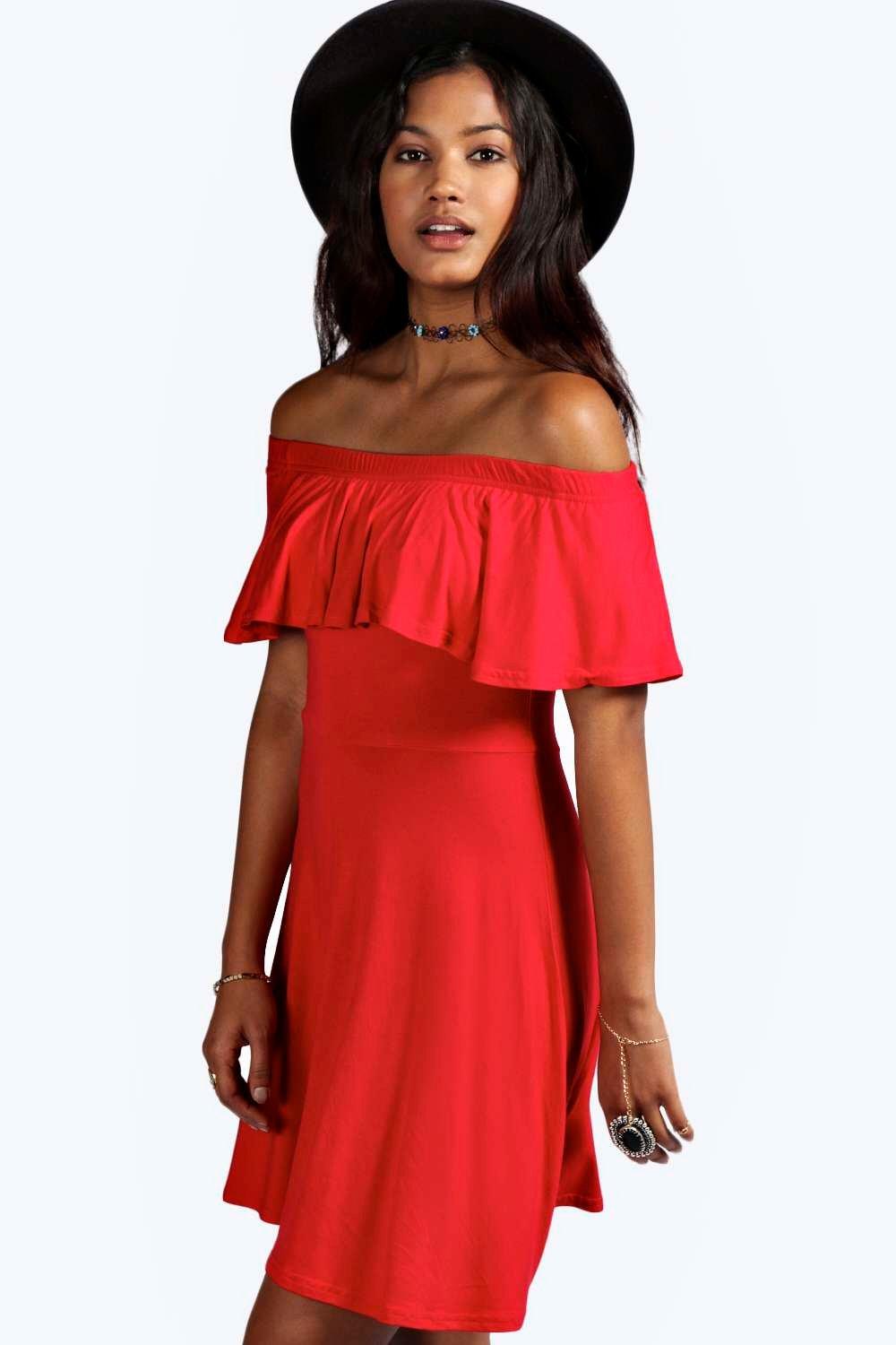 boohoo red off the shoulder dress