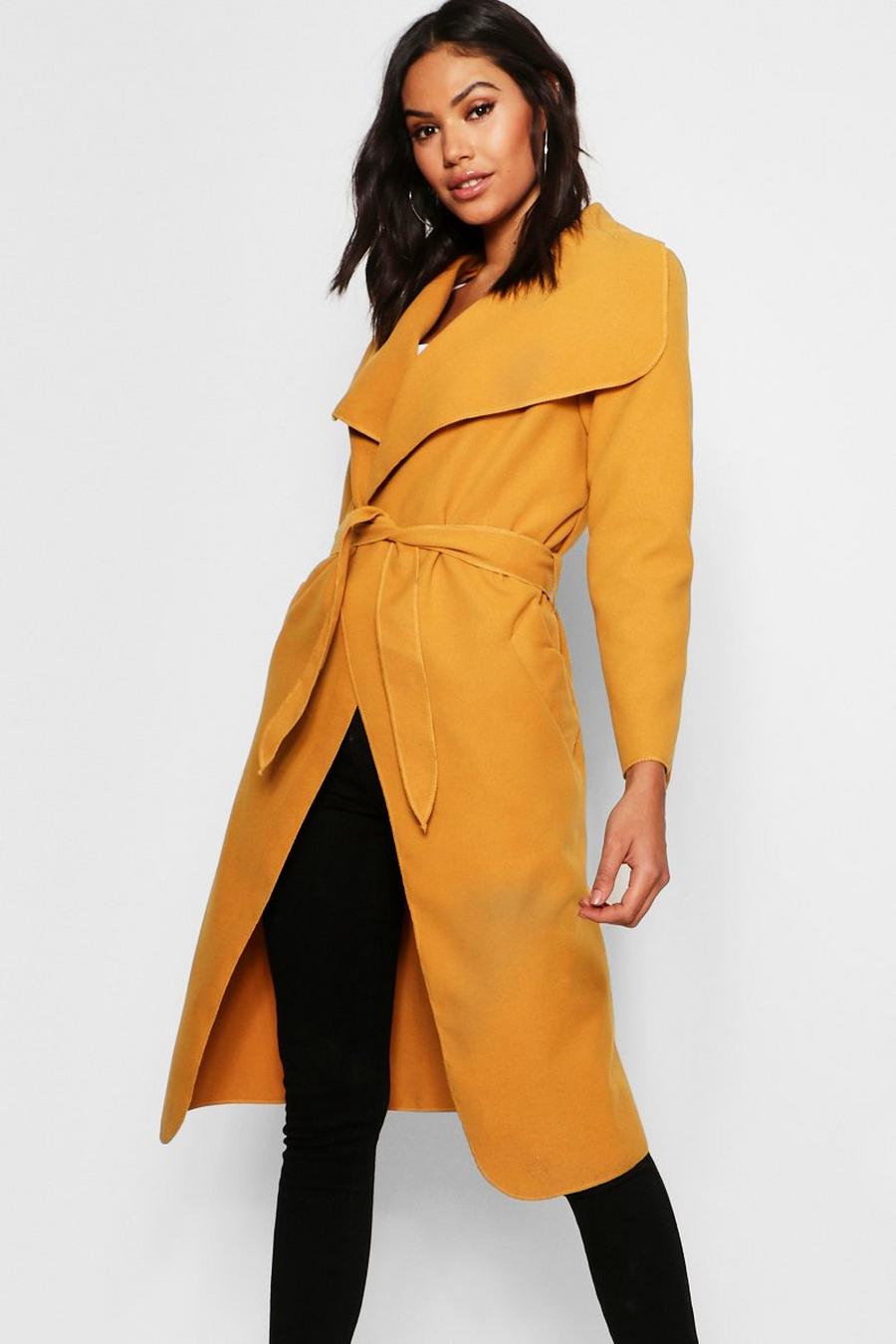 Mustard Belted Shawl Collar Coat image number 1