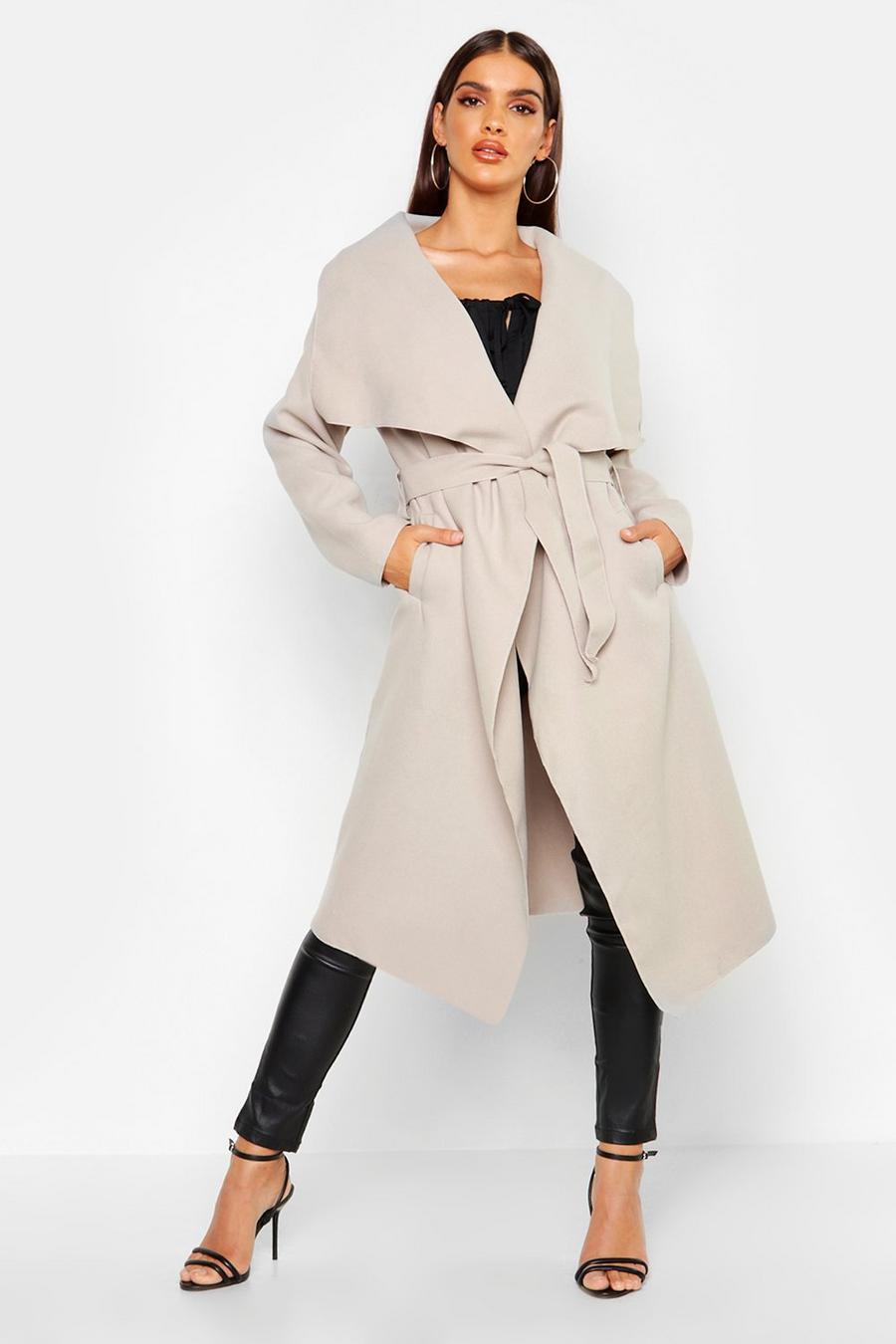 Stone beige Belted Shawl Collar Coat image number 1