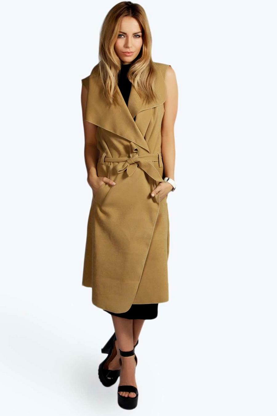 Camel Waterfall Belted Sleeveless Coat image number 1