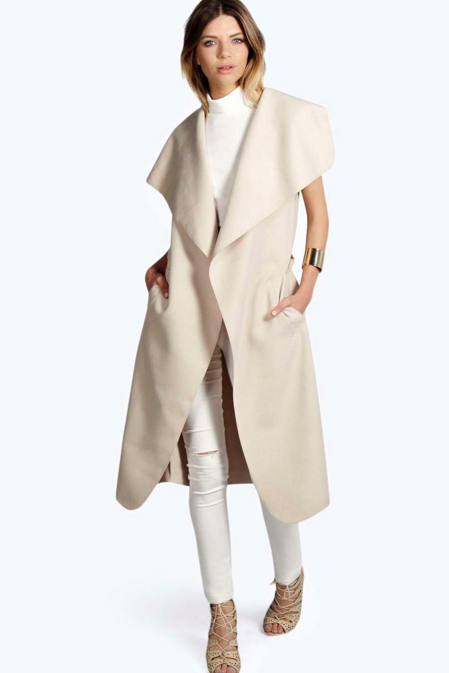 Stone beige Waterfall Belted Sleeveless Coat image number 1
