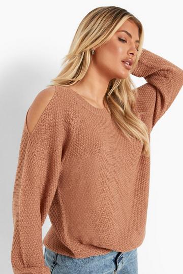 Cold Shoulder Moss Stitch Sweater camel