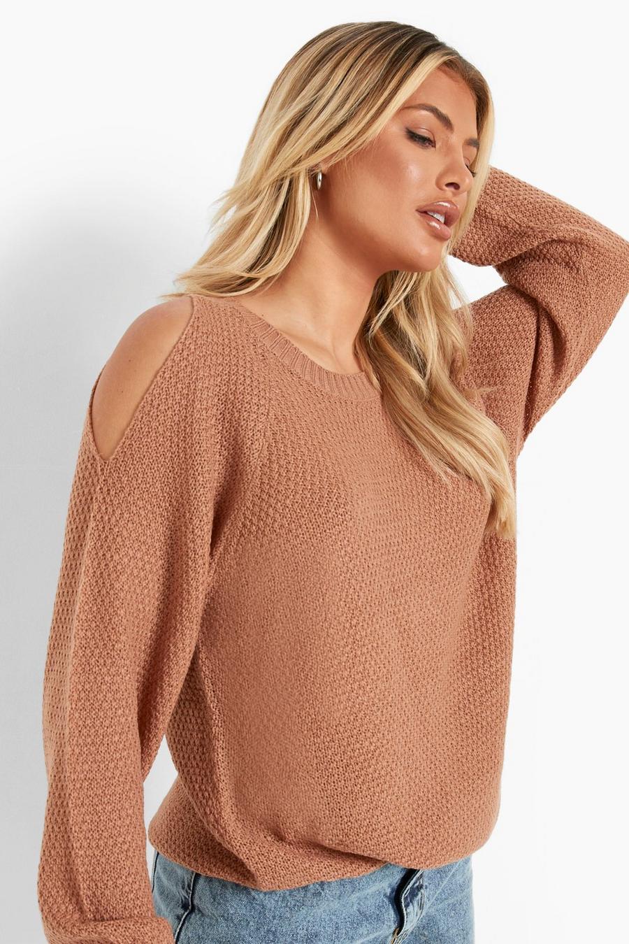 Camel beige Cold Shoulder Moss Stitch Sweater