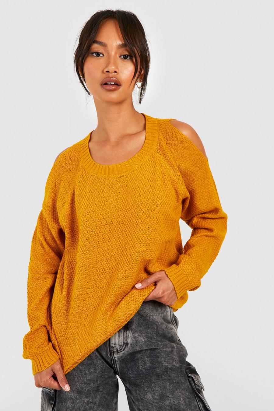 Mustard yellow Cold Shoulder Moss Stitch Sweater image number 1