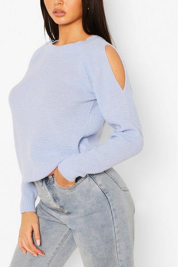 Cold Shoulder Moss Stitch Sweater pastel blue