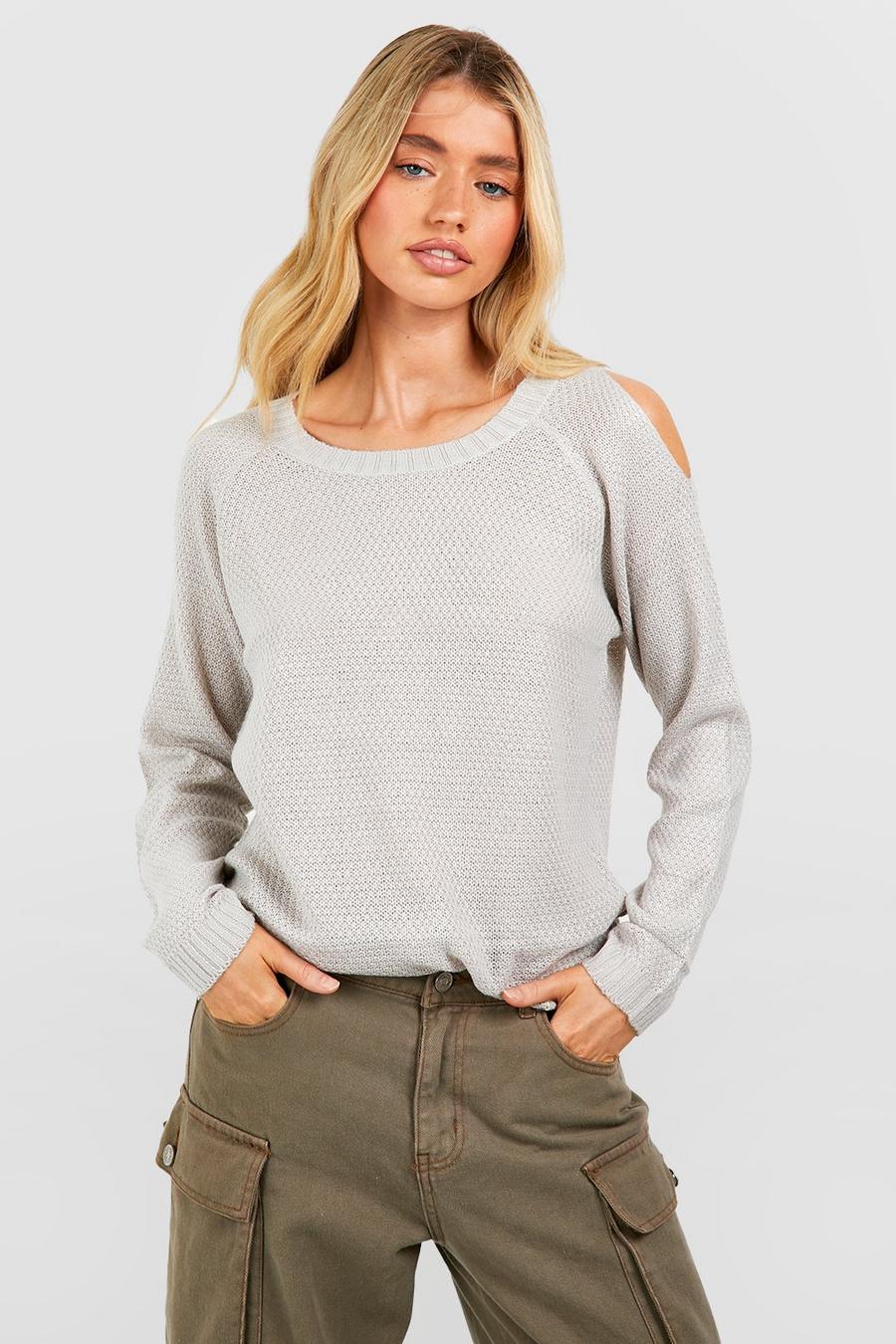 Silver Cold Shoulder Moss Stitch Sweater image number 1