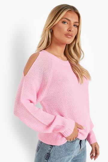 Pink Cold Shoulder Moss Stitch Sweater
