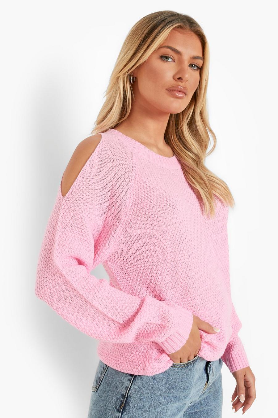 Soft pink סוודר כתף קרה עם תפרי מוס image number 1