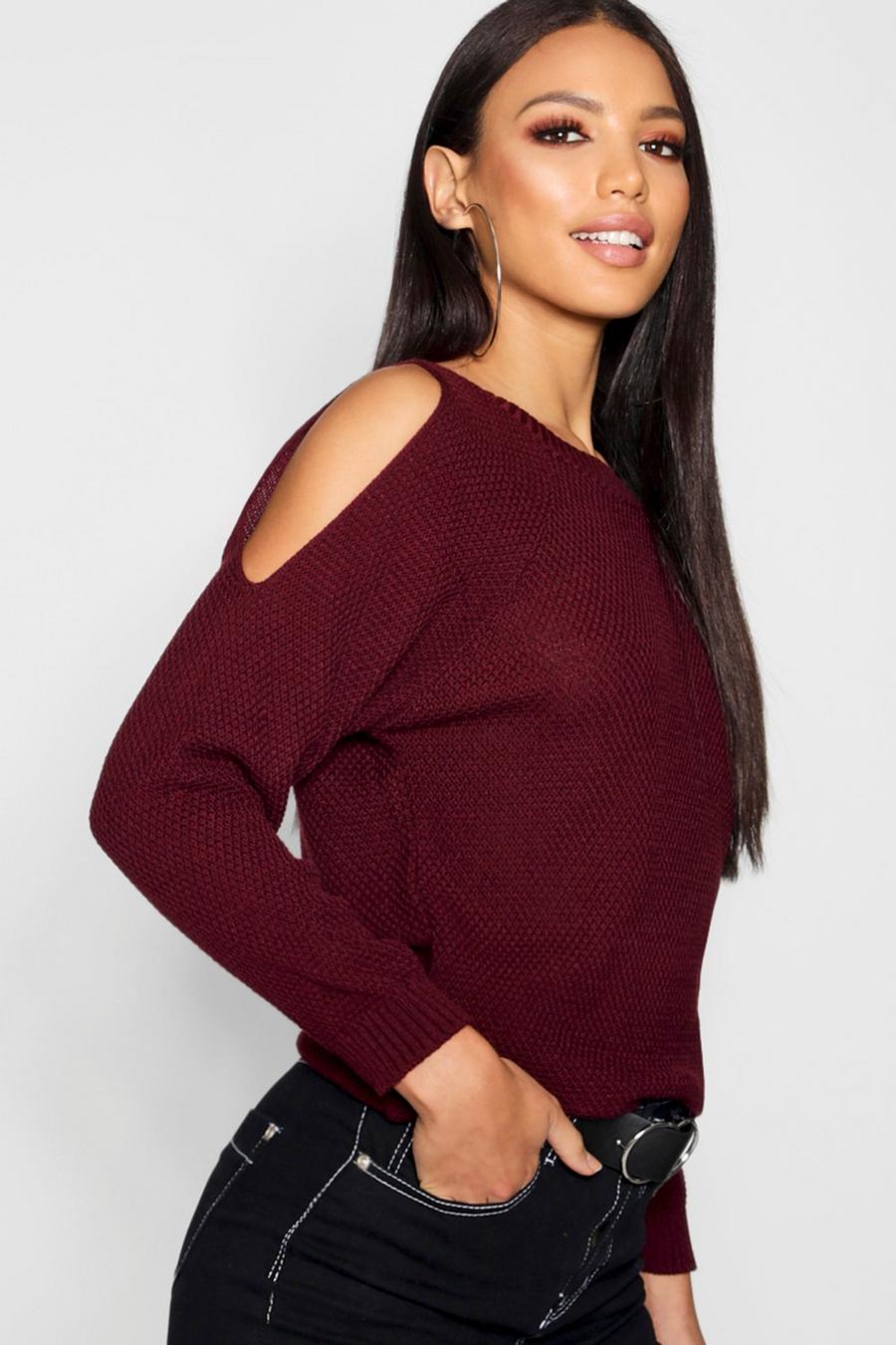 Wine Cold Shoulder Moss Stitch Sweater image number 1