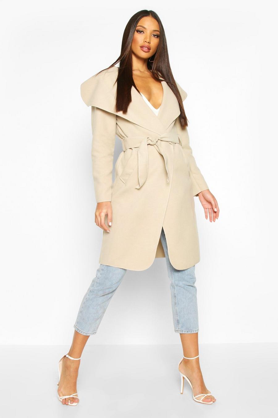 Stone beige Belted Shawl Collar Coat image number 1