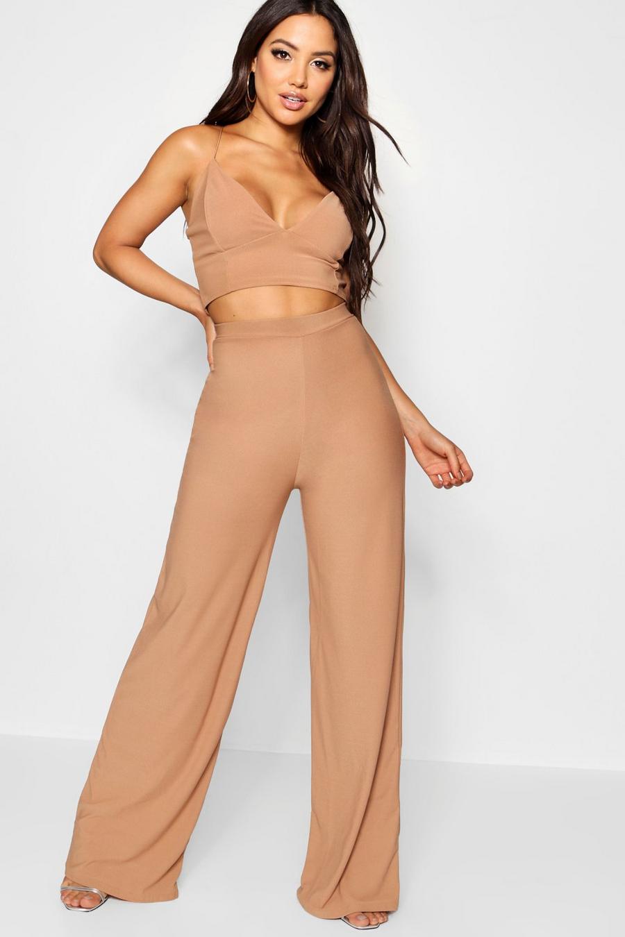 Camel Crepe Bralet Palazzo Trouser Co-Ord Set image number 1