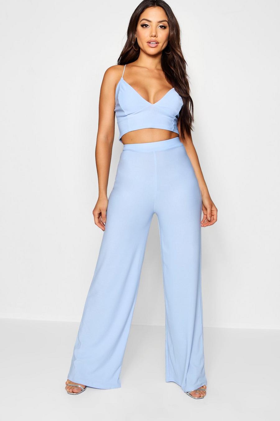 Pale blue Crepe Bralet Palazzo Trouser Co-Ord Set image number 1
