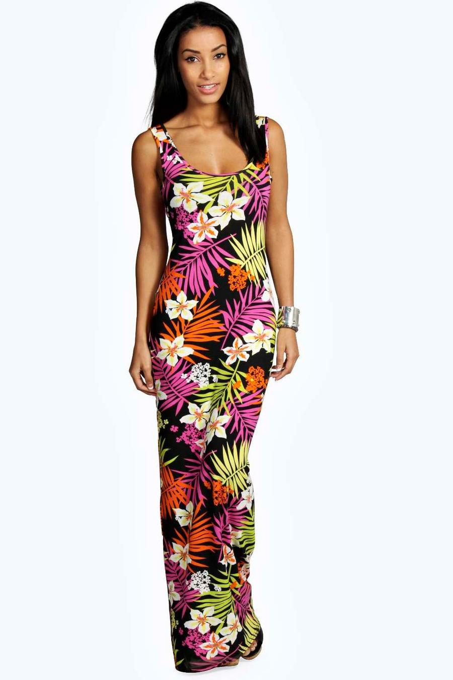 Vestido maxi tropical con escote en U, Multicolor image number 1
