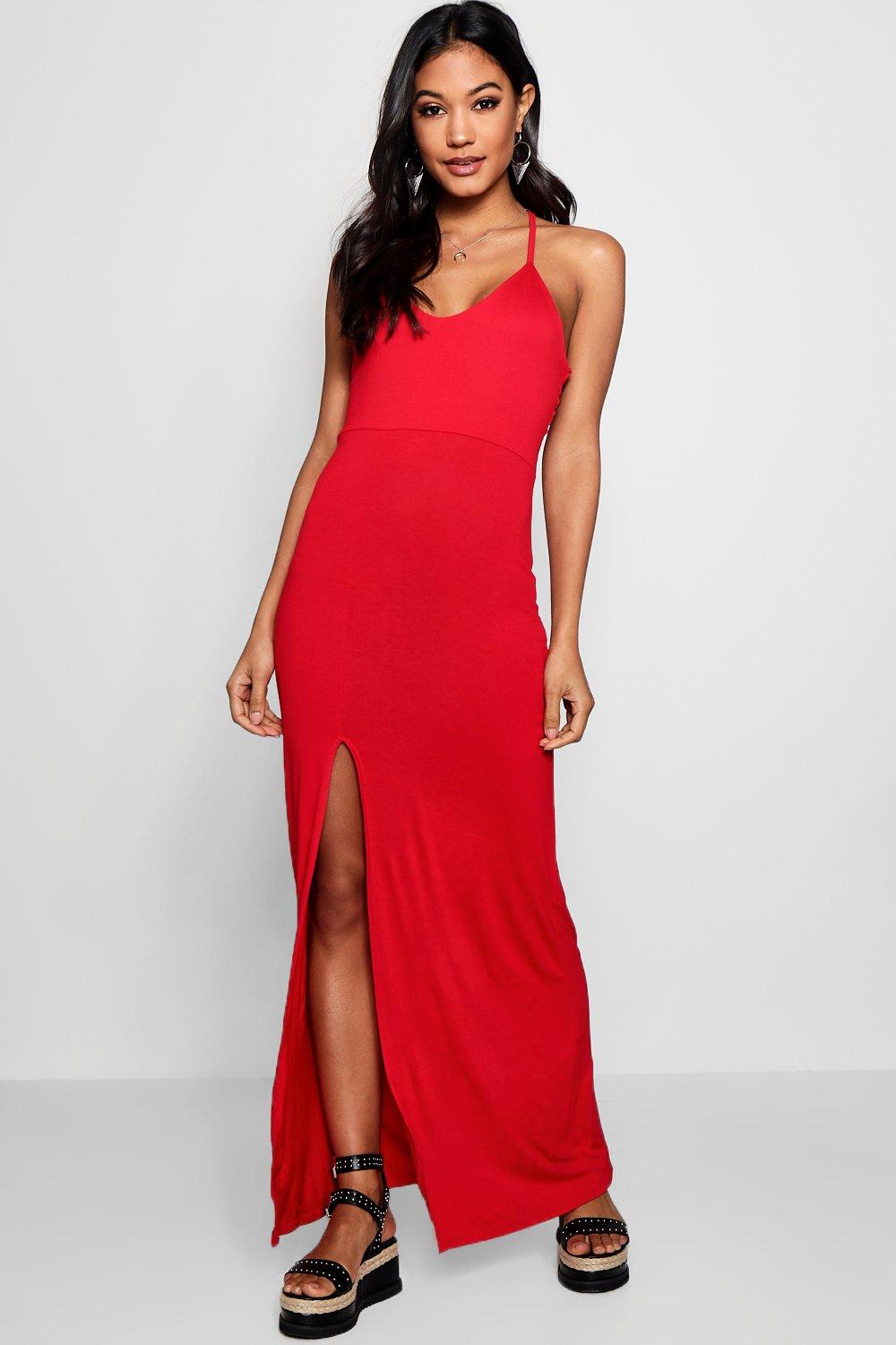 red strappy maxi dress