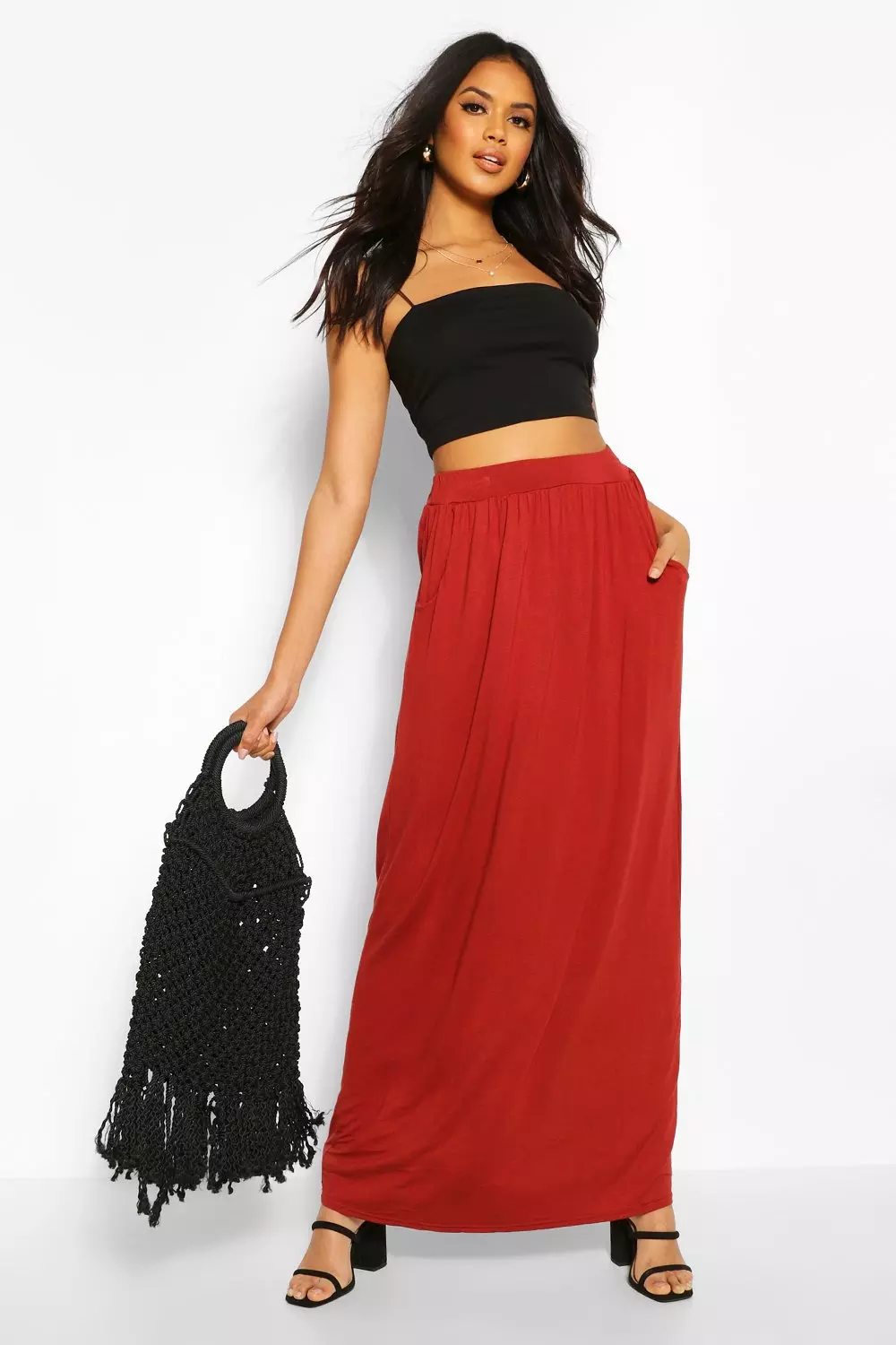 Boohoo red cheap maxi skirt