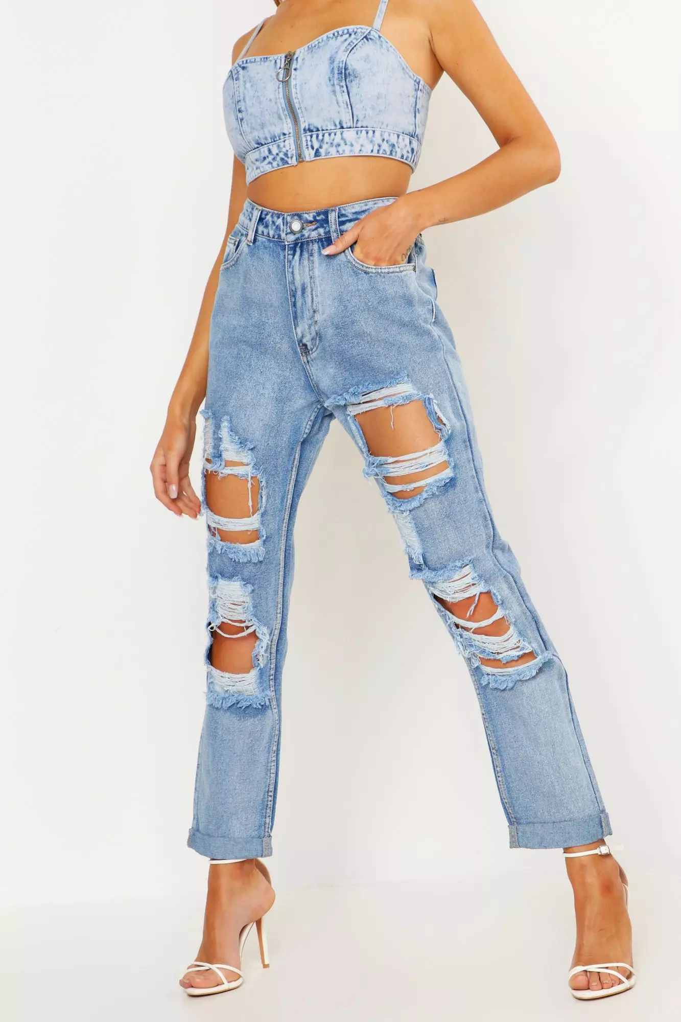 Light Blue Large Rip Boyfriend Jeans Boohoo