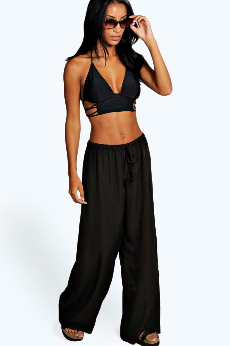 Black Wide Leg Beach Trousers image number 1