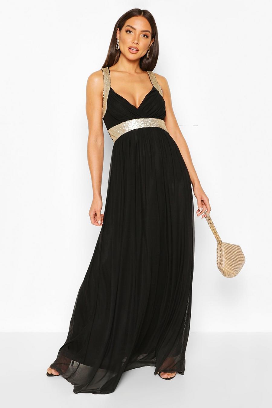 Vestido largo de malla con pieza de lentejuelas boutique, Black image number 1