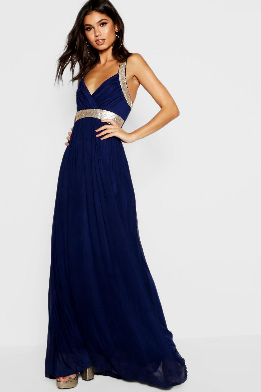 Vestido largo de malla con pieza de lentejuelas boutique, Azul marino image number 1