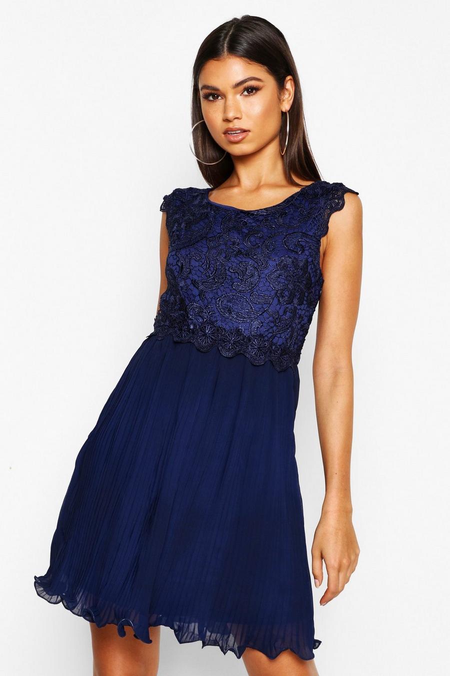 Navy Boutique Corded Lace Pleated Skater Dress image number 1