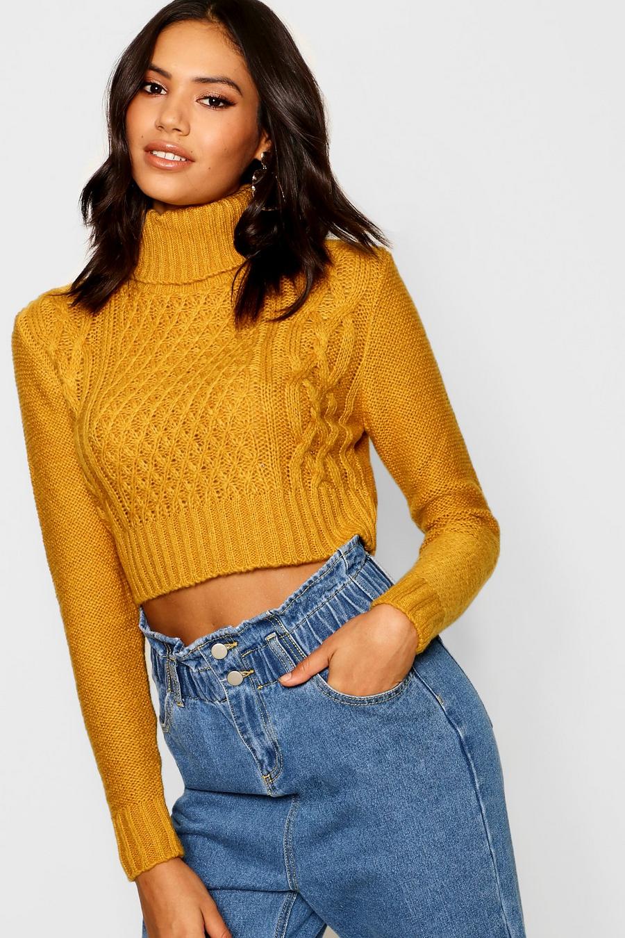 Mustard Turtle Neck Cable Cropped Jumper image number 1