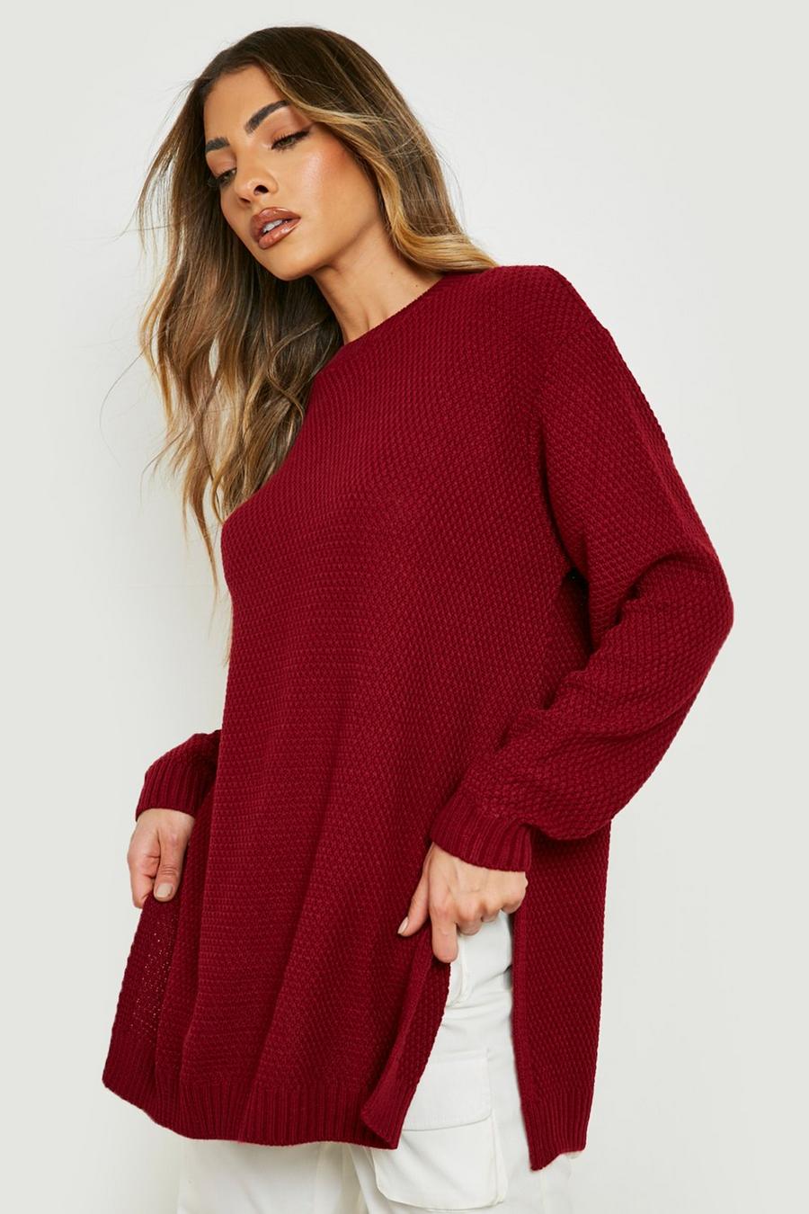 Burgundy red Side Split Moss Stitch Tunic Sweater image number 1
