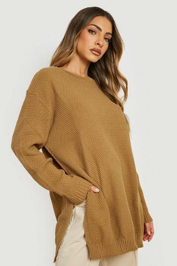 Camel Beige Side Split Moss Stitch Tunic Sweater