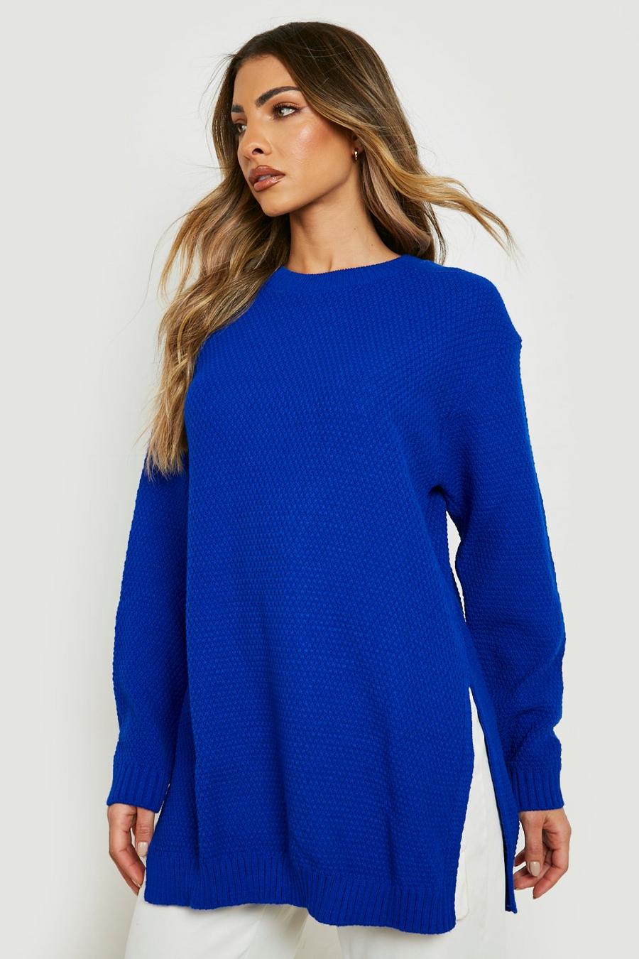 Cobalt blue Side Split Moss Stitch Tunic Sweater image number 1