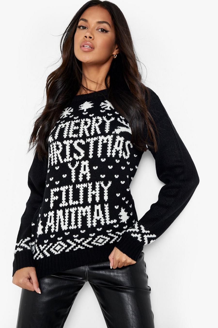 Maglione natalizio con scritta Filthy Animal, Black image number 1