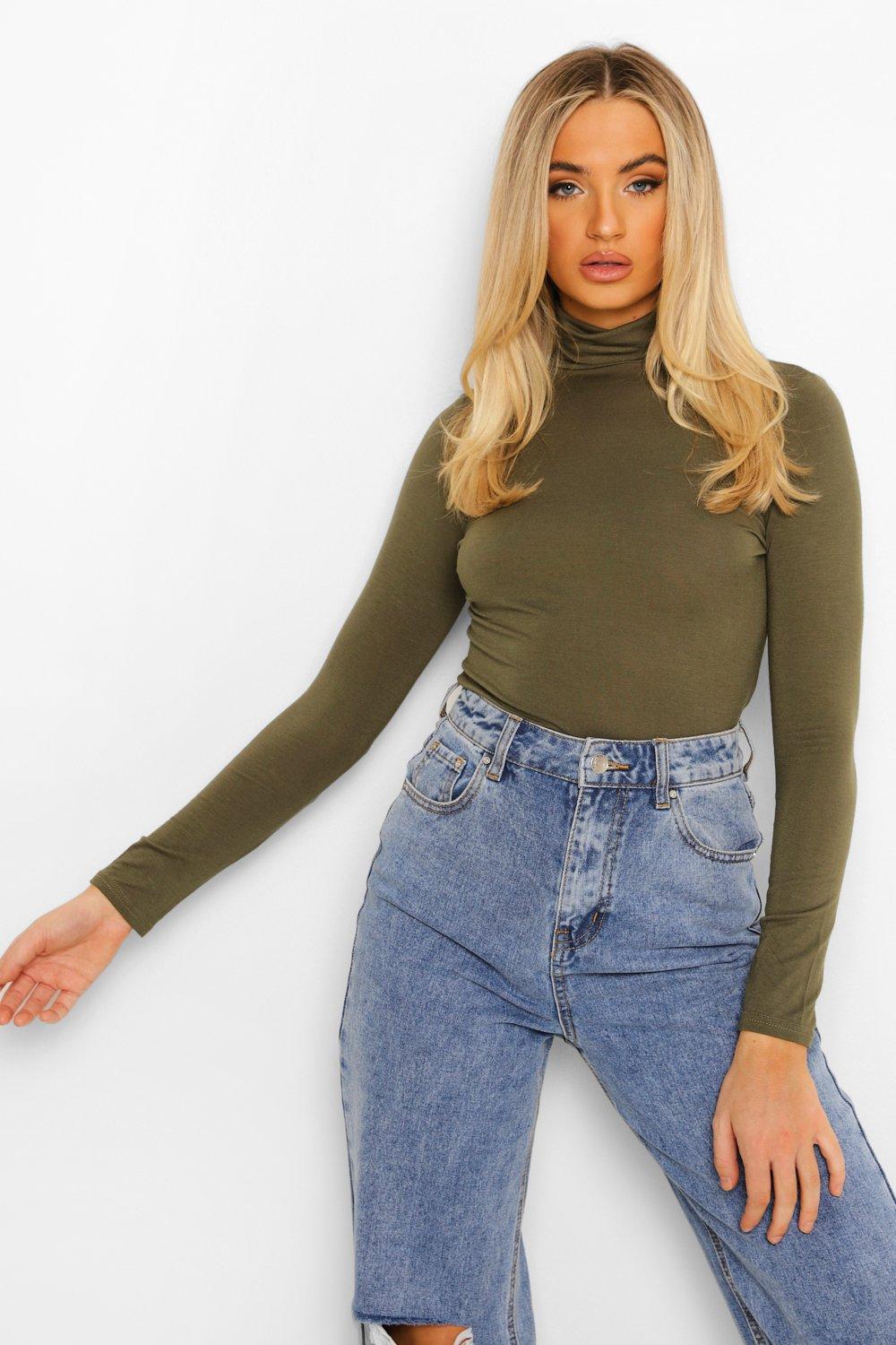 Women's Green Basic Turtle Neck Long Sleeve Top