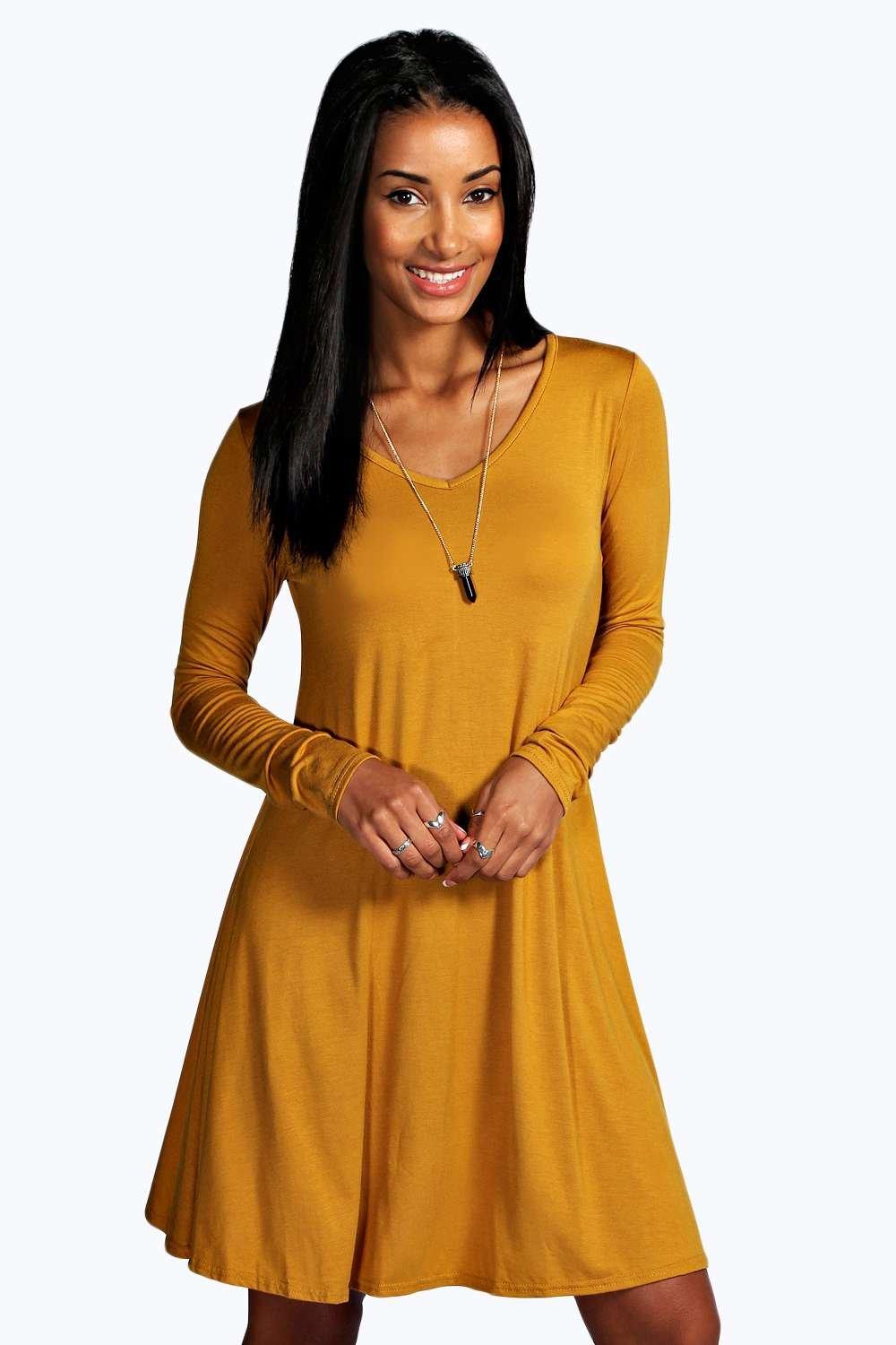 long sleeve v neck swing dress