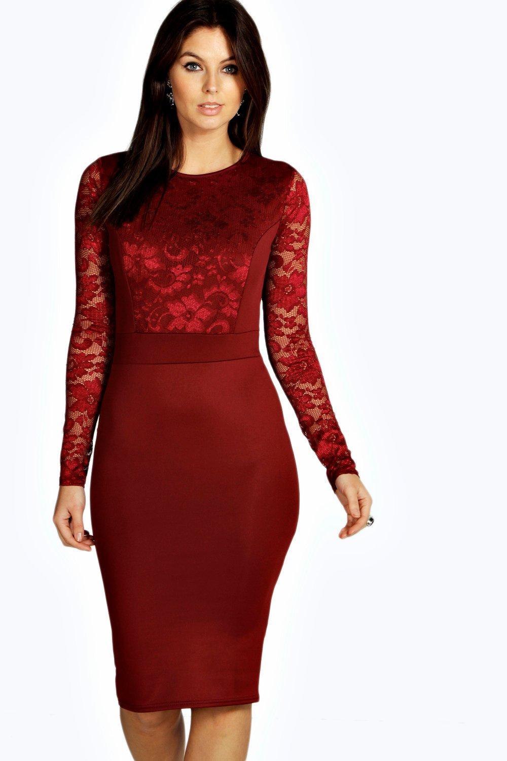 red lace midi dress with sleeves