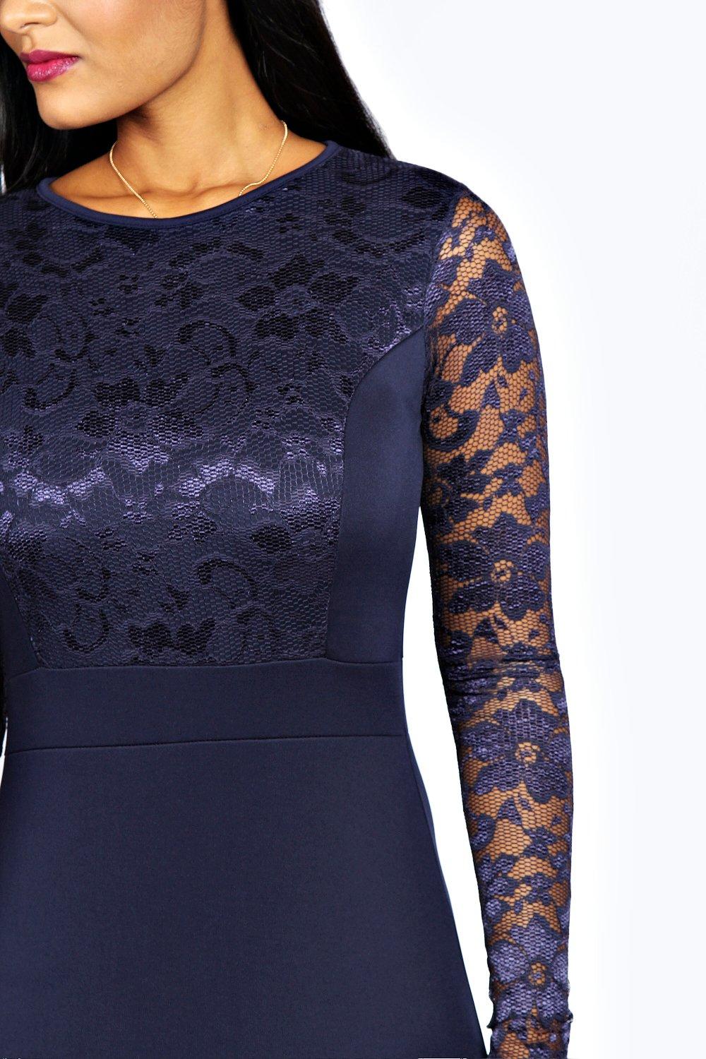 Boohoo flare sleeve outlet lace dress in navy