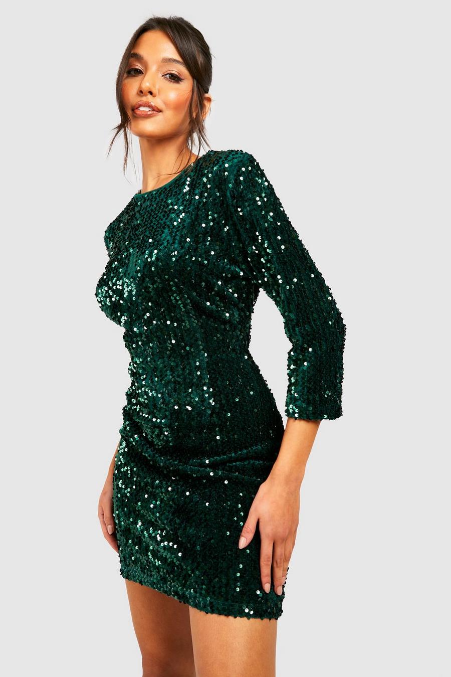 Emerald Sequin Long Sleeve Bodycon Dress image number 1
