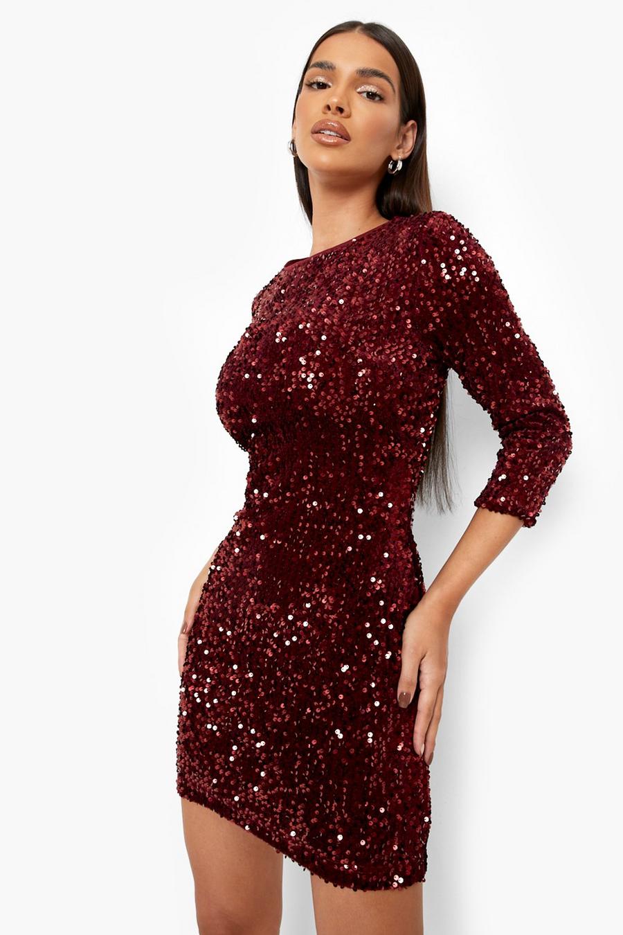 Plum Sequin Long Sleeve Bodycon Dress image number 1