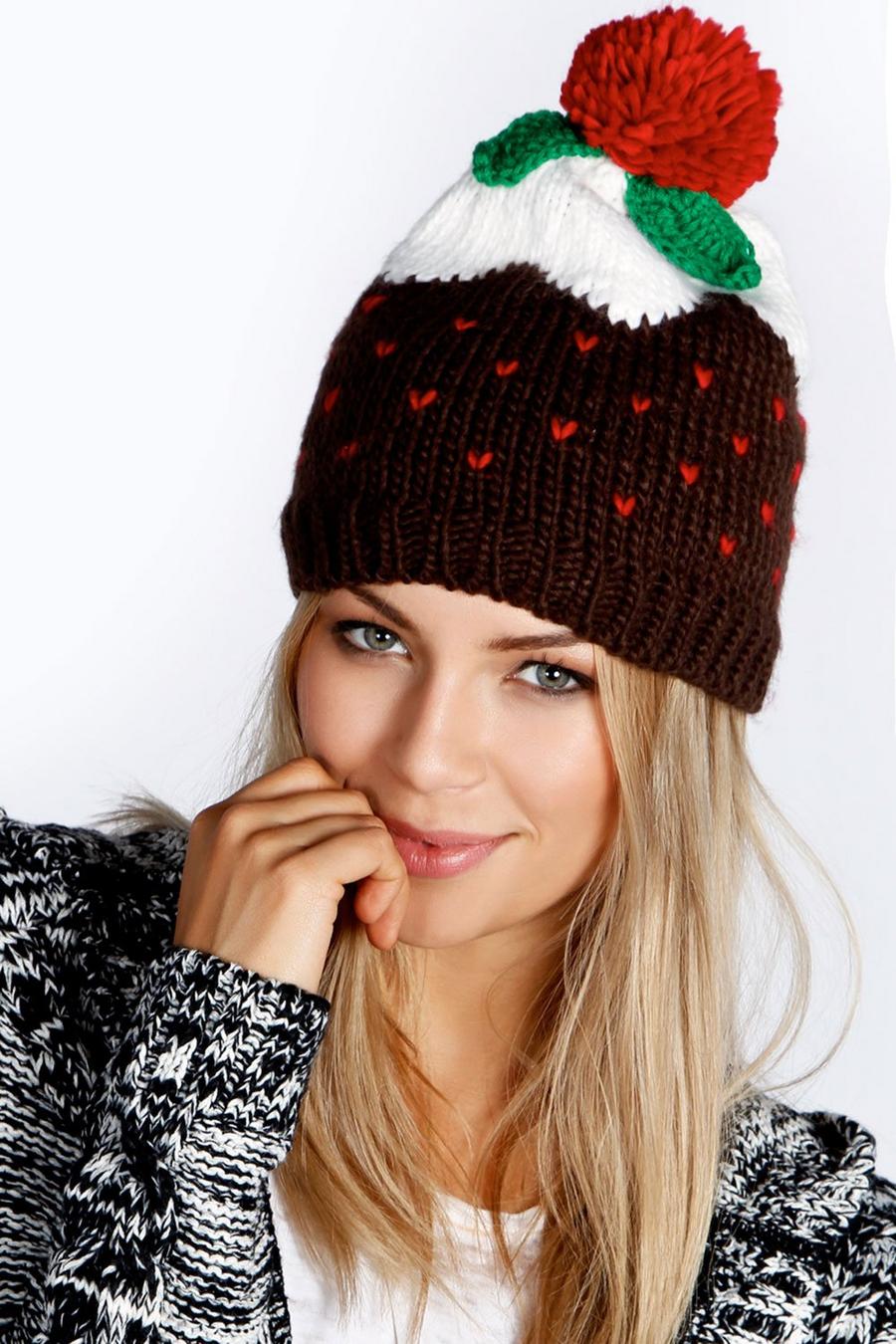 Brown Holly Christmas Pudding Beanie Hat image number 1