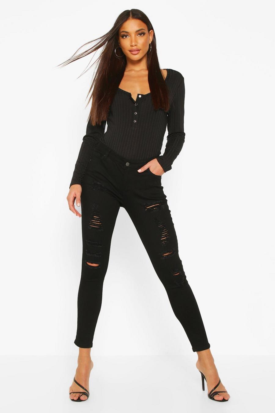 Black Low Rise Heavy Ripped Skinny Jeans image number 1