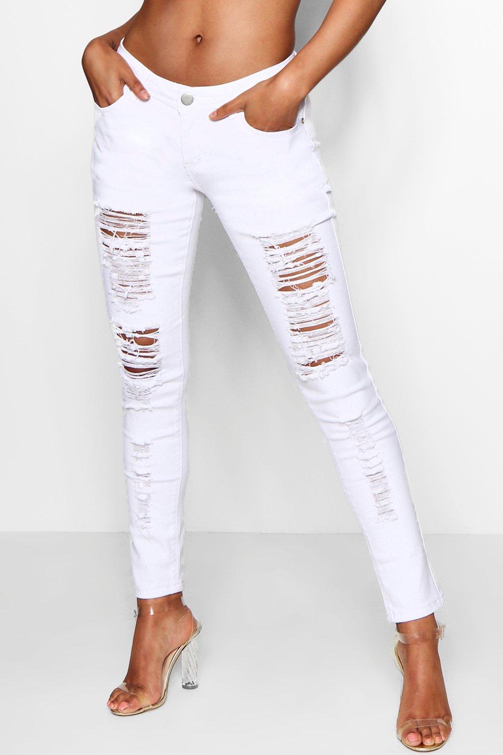 Mid Rise White Ripped Jeans | boohoo