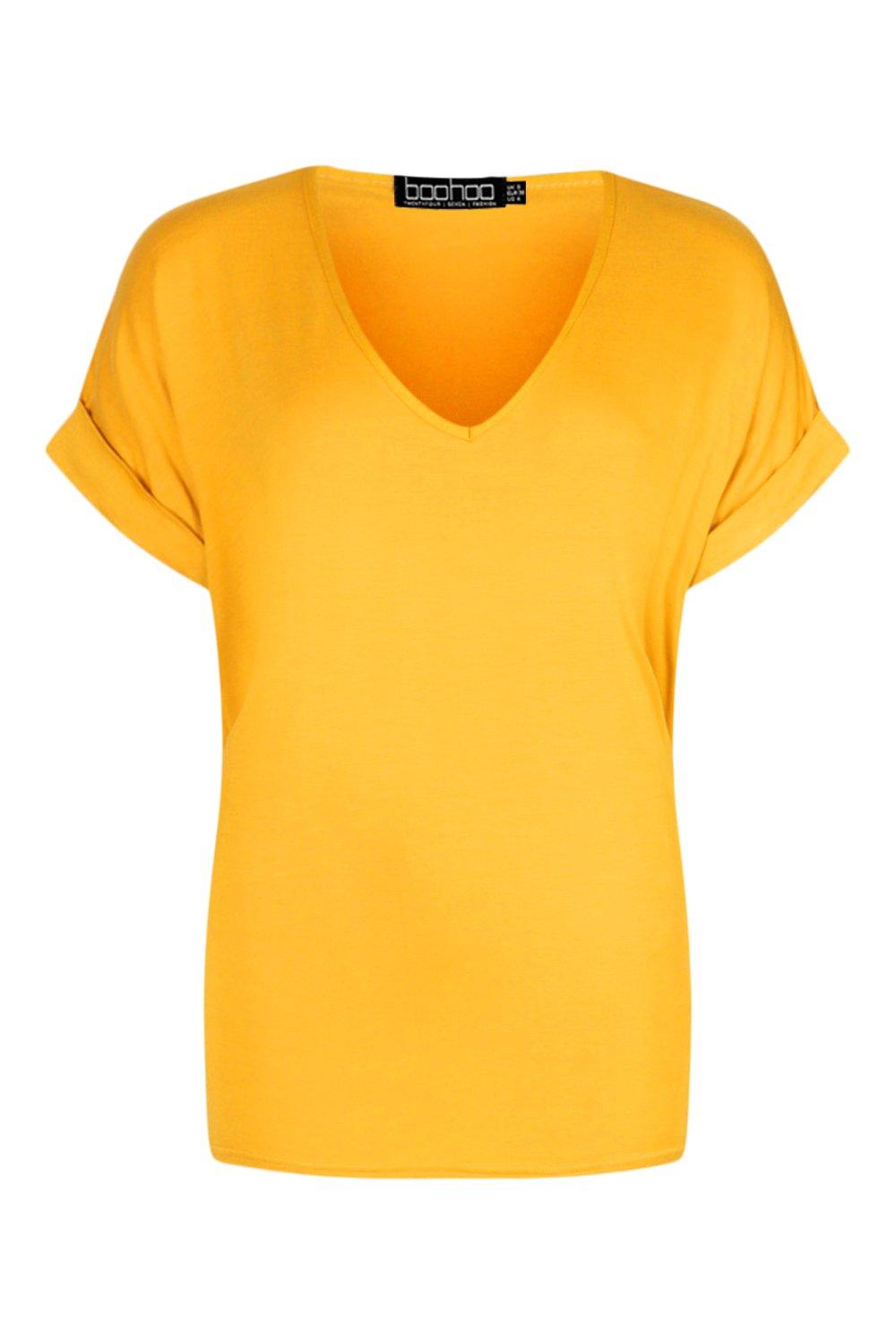 Women s Yellow Oversized Boyfriend V Neck T Shirt Boohoo UK