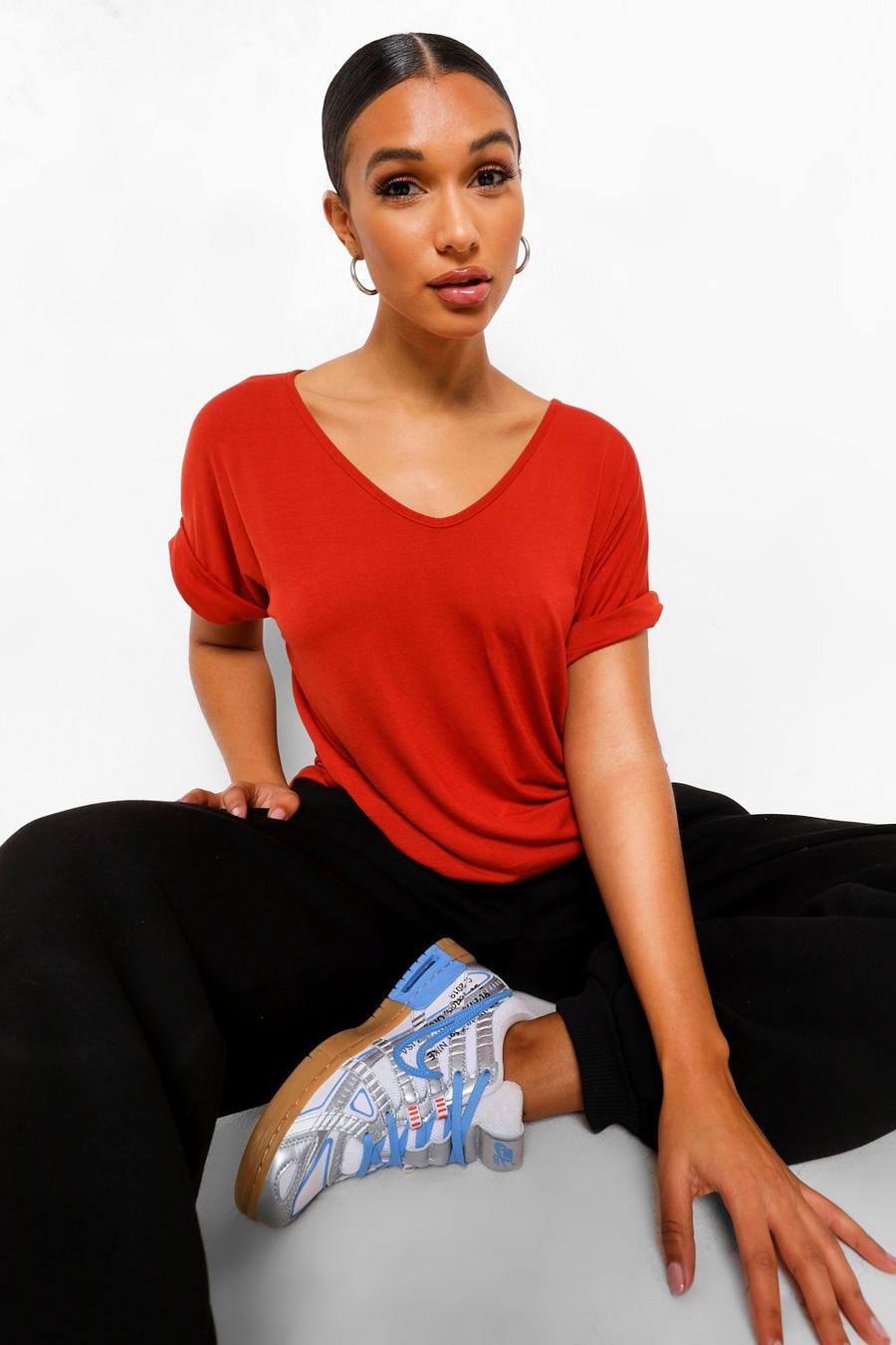 Rust orange Oversized Boyfriend V Neck T-Shirt