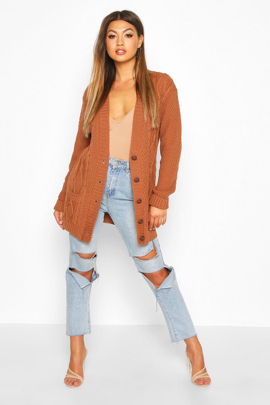 Mocha Cable Boyfriend Button Up Cardigan image number 1