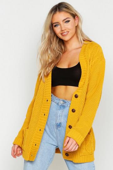 Mustard Yellow Cable Boyfriend Button Up Cardigan